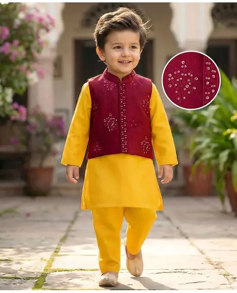 Babyhug Woven Full Sleeves Kurta Pajama & Floral Embroidery Jacket - Rust Orange & Yellow