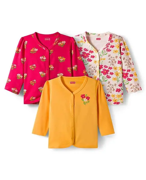 Babyhug 100% Cotton Interlock Knit Jhablas With Floral Print Pack Of 3 - Red Mustard & Cream