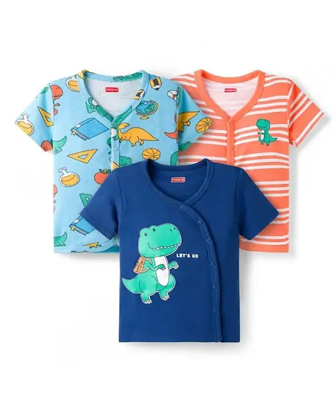 Babyhug 100% Cotton Knit Half Sleeves Jhablas With Dino Print Pack of 3 - Peach Light & Navy Blue