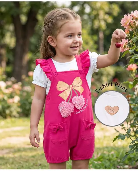 Babyoye 100% Cotton Knit With Eco Jiva Finish Bow Printed Dungaree & Half Puffed Sleeves Tee - Dark Pink & White