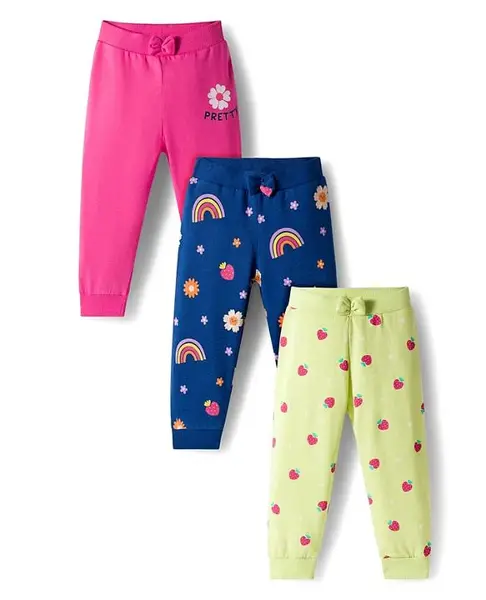 Babyhug Cotton Single Jersey Knit Full Length Lounge Pant With Floral Print Pack Of 3 - Navy Blue Pink & Olive Green