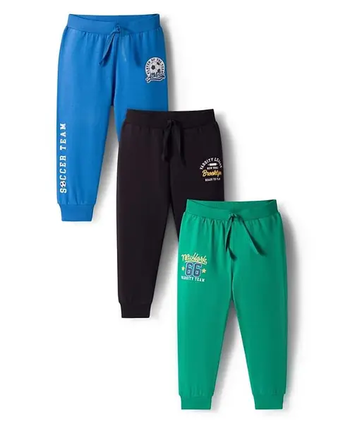 Babyhug Cotton Single Jersey Knit Full Length Lounge Pant With Text Print Pack Of 3 - Blue Green & Black