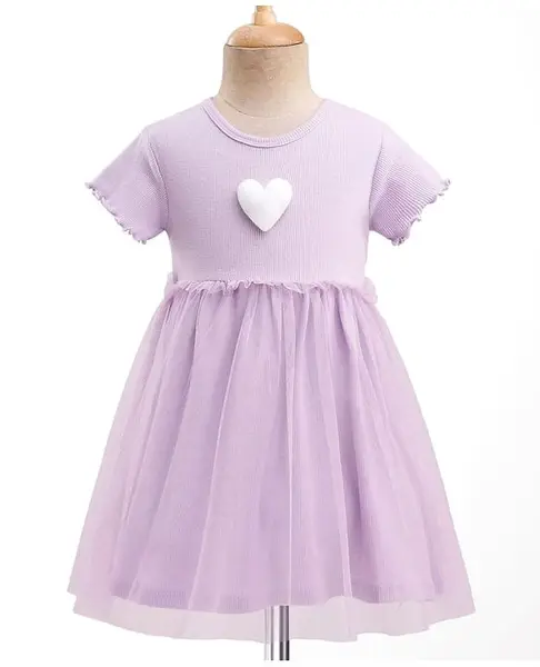 Bonfino 100% Cotton Knit Half Sleeves Rib Embroidery Dress With Mesh - Lilac
