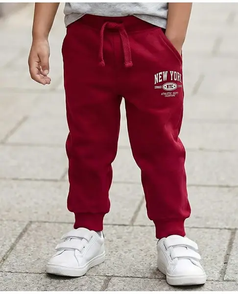 Babyhug Cotton Knit Full Length Lounge Pant With New York Print - Dark Red