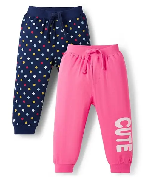 Babyhug Cotton Knit Full Length Lounge Pants with Polka Dots Pack of 2 - Navy Blue & Pink