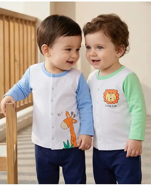 Babyoye 100% Cotton Interlock Knit Full Sleeves Jhablas With Lion & Giraffe Print Pack Of 2 - Sea White & Blue