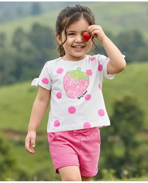 Babyhug Single Jersey Knit Half Sleeves Polka Dot Printed Top & Shorts Set with Bow Applique & Strawberry Embroidery - Pink & White