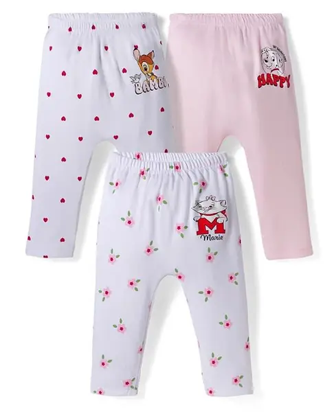 Babyhug Disney Interlock Knit Full Length Diaper Leggings With Bambi & Marie Print Pack of 3 - Pink & White