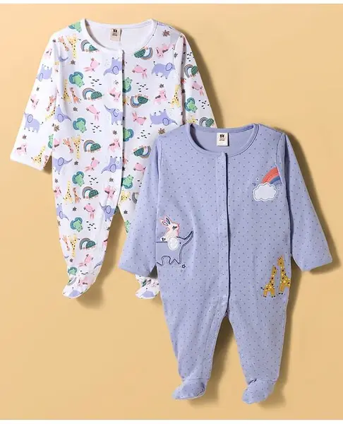 ToffyHouse Interlock Knit Full Sleeves Footed Rompers With Animal Print & Embroidery Pack of 2 - Purple & White