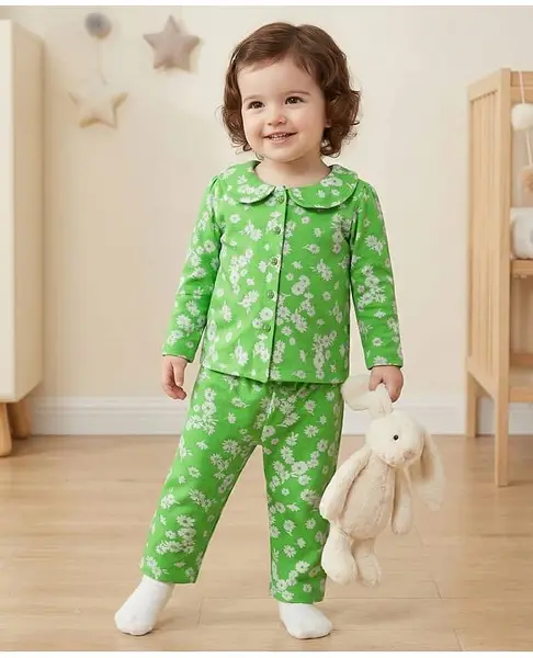 Babyoye 100% Cotton Knit Full Sleeves Front Open Floral Printed Top & Pyjama Co-Ord Night Suit - Green