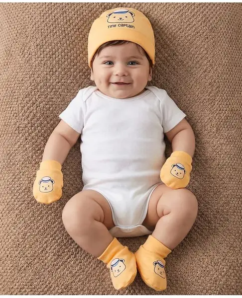 Babyoye 100% Cotton Knit Cap Mitten & Booties Set with Bear Print Orange - Diameter 9 cm
