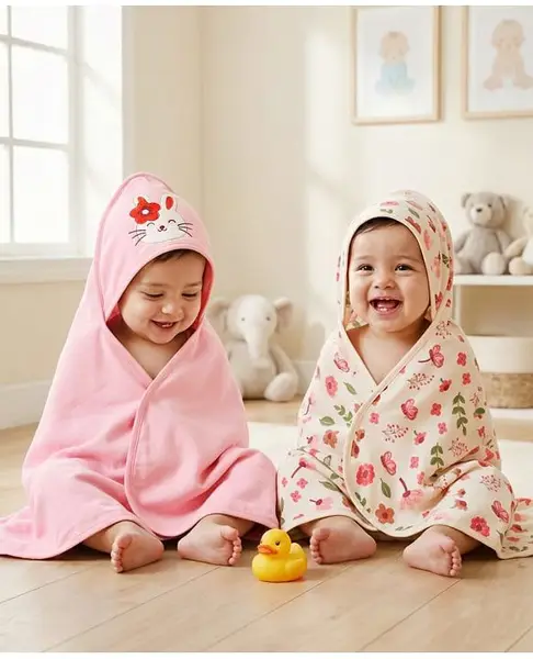 Babyoye 100% Cotton Knit with Eco Jiva Finish Hooded Towels with Tropical Theme Print Pack of 2 L 80 x B 80 cm - Cream & Pink