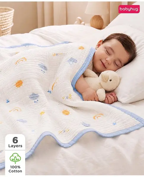 Babyhug 6 Layer Muslin Baby Blanket with Contrast Wide Edge Sky Print - Blue