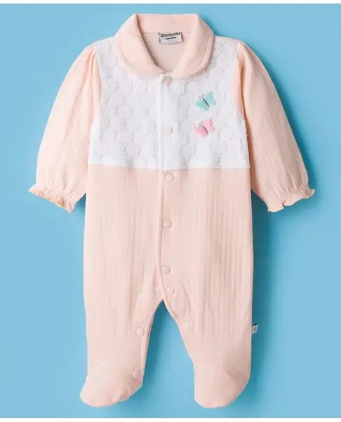 Wonderchild Full Peasant Sleeves Butterfly Applique Detailed Floral Embroidered Footed Sleepsuit - Peach
