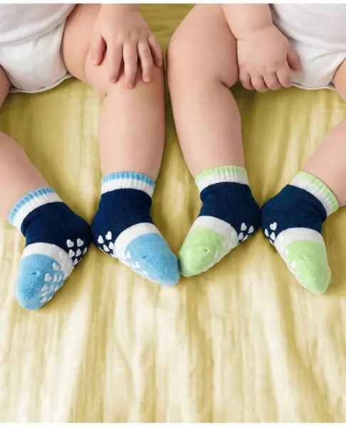 Babyoye Cotton Bamboo Knit Socks With Color Block Design Pack of 2 - Green Blue & White