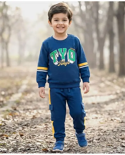 Babyhug Terry Knit Full Sleeves T-Shirt & Trouser Set With Tokyo Print - Blue