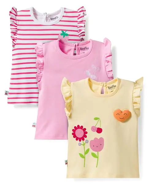 Bonfino 100% Cotton Knit Frill Sleeves Striped T-Shirts with Floral Print Pack of 3 - Multicolor