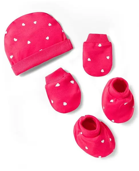 Bonfino 100% Cotton Knit Cap Mittens & Booties With Heart Print Dark Pink - Diameter 10.5 cm