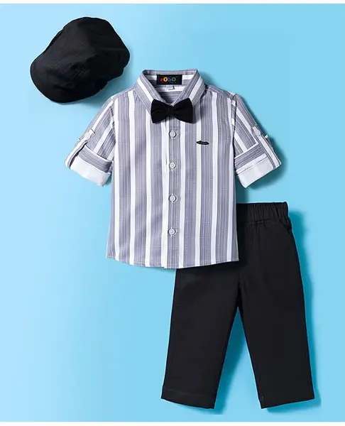 Robo Fry Cotton Woven Full Sleeves Striped Party Shirt & Pant Set with Bow & Hat - Grey