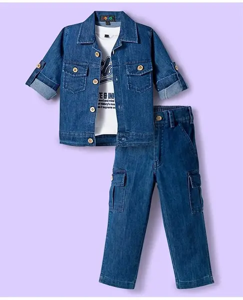 Robo Fry Cotton Woven Full Sleeves Solid Color Party Shirt & Pant Set with Tee - Blue