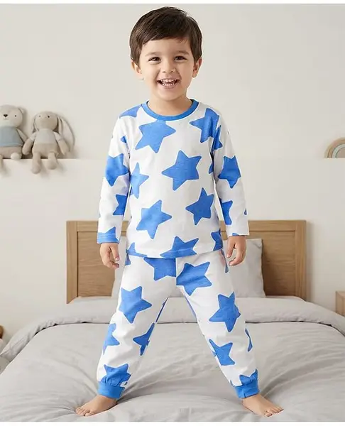 Babyhug Cotton Knit Full Sleeves Co-ords Night Suit With Star Print - White & Blue