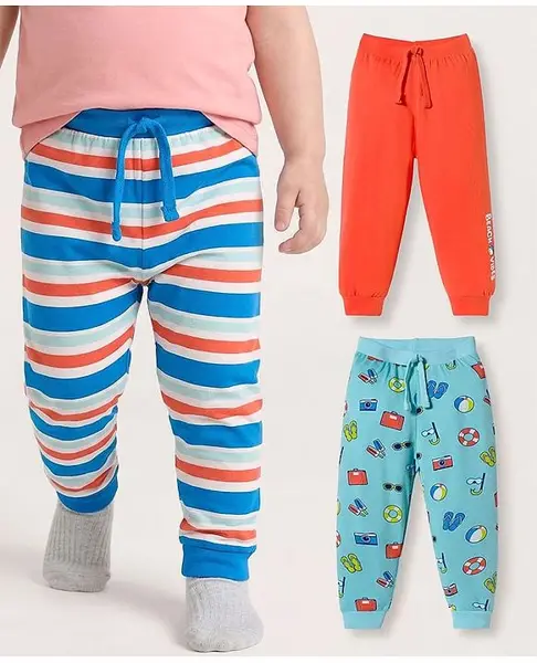 Babyhug Single Jersey Knit Full Length Lounge Pant with Stripes & Prints Pack of 3 - Multicolor