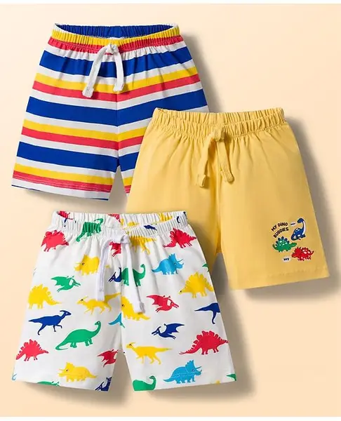 Babyhug Single Jersey Knit Mid Thigh Striped & Dino Printed Shorts Pack Of 3 - Multicolour