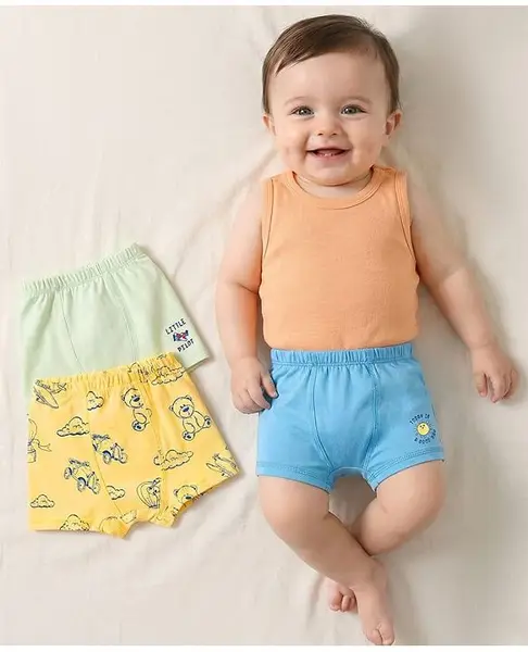 Babyoye Cotton Lycra Knit Briefs with Car Print Pack of 3 - Blue Peach & White