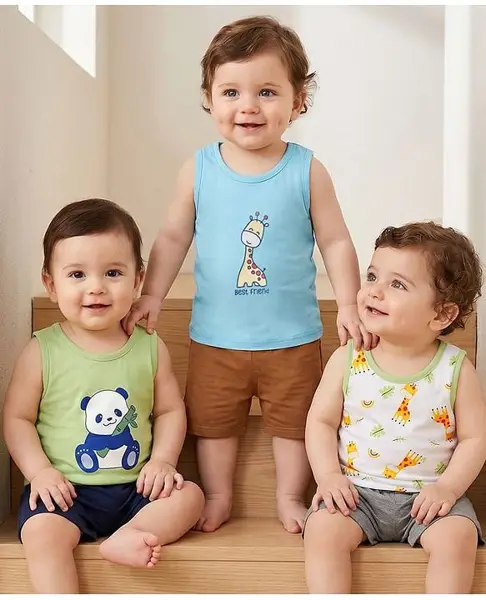 Babyoye Elastane Knit Sleeveless Vests with Animal Print Pack of 3 - Multicolor