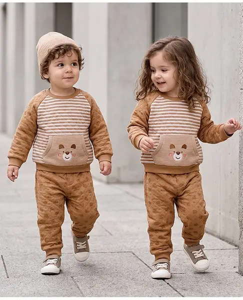 ToffyHouse Interlock Knit Full Raglan Sleeves T-Shirt Style &  Lounge Pant Night Suit With Bear Embroidery - Brown