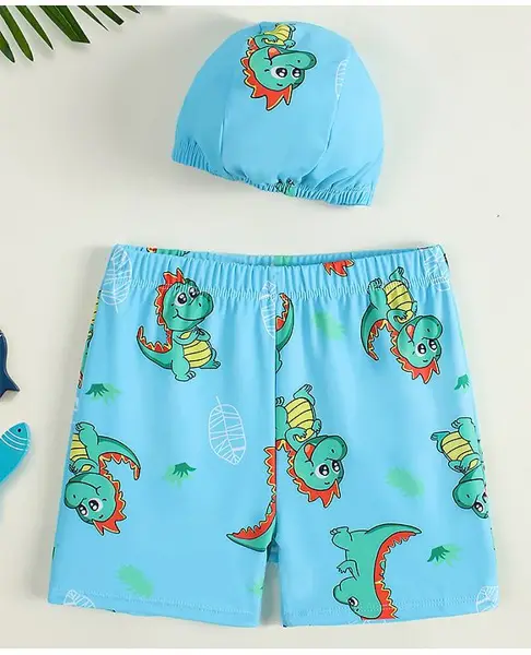 Mark & Mia Dino Printed Swimming Trunk With Cap - Blue