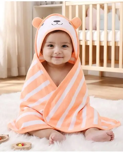 Babyhug Cotton Knit Striped Hooded Wrapper with Ear Applique L 65  X B 61 cm - Peach