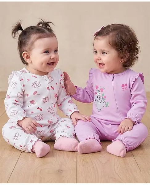 Babyoye 100% Cotton Interlock Knit Full Sleeves Eco Conscious Rompers With Eco Jiva Finish Koala & Butterfly Print Pack of 2 - White & Pink