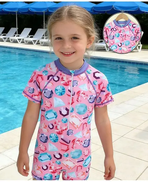 Mark & Mia Half Raglan Sleeves Diamond Printed Legged Swimsuit - Pink