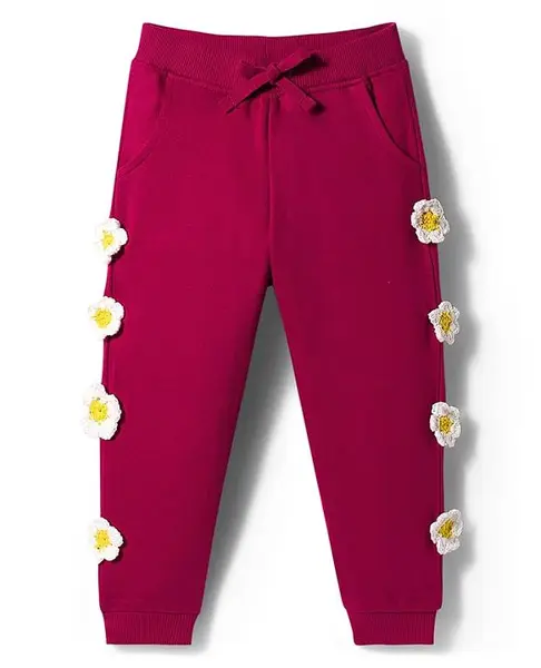 Babyhug Cotton Looper Knit Full Length Lounge Pant With Floral Applique - Maroon