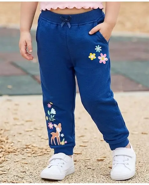 Babyhug Cotton Looper Knit Full Length Lounge Pant With Deer & Floral Print - Navy Blue