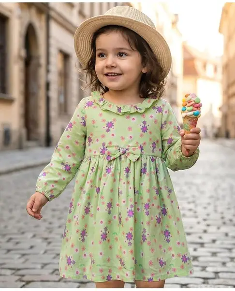 Babyhug Cotton Woven Full Sleeves Frock With Floral Print & Bow Applique - Light Green