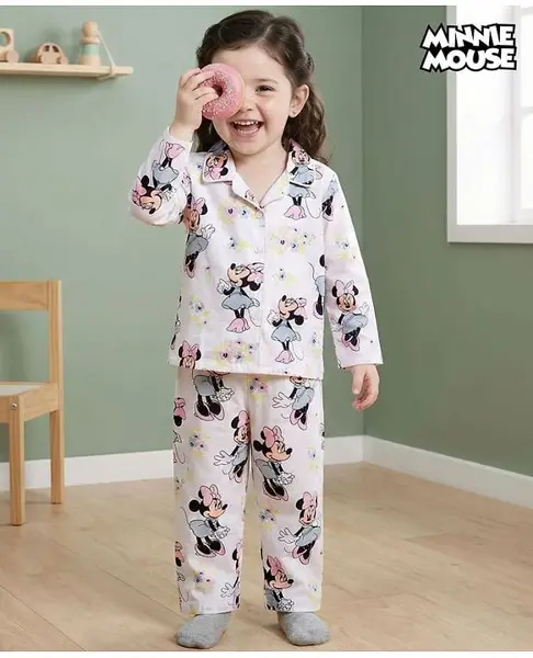 Babyhug Disney Cotton Woven Full Sleeves Co-ords Shirt & Pajama Night Suit with Minnie Mouse Print - White