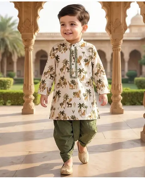 Babyhug Cotton Woven Full Sleeves Cambric Jungle Theme Digital Printed Kurta Dhoti Set - White & Green