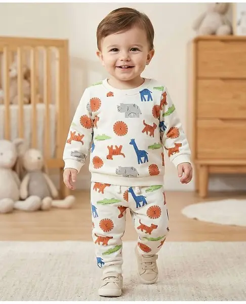 Babyoye 100% Cotton Knit Full Sleeves Co-ords Winter Wear Suit with Animal Print - Multicolor