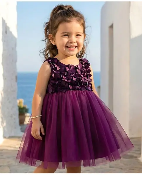 Babyhug Woven Sleeveless 5 Layer Party Dress with Floral Applique & Cotton Lining - Wine