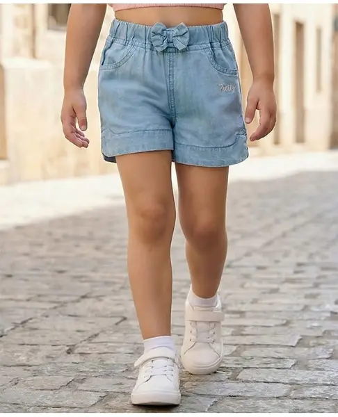 Babyhug Mid Thigh Washed Denim Shorts With Pretty Embroidery & Bow Applique - Blue