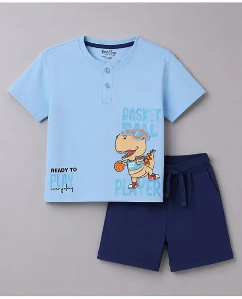 Bonfino 100% Cotton Knit Half Sleeves Henley Neck Oversized T-Shirt & Shorts Set With Dino Print - Blue