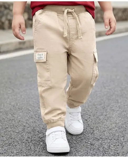 Babyhug Twill Lycra Woven Full Length Trousers With Stretch & Cargo Pockets - Beige