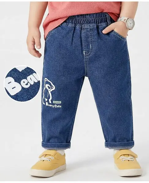 Mark & Mia Cotton Lycra Full Length Denim Jeans With Teddy Bear Graphics & Cord Detailing - Blue