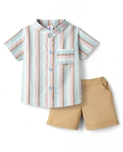 Child World Textile Woven Half Sleeves Striped Shirt & Shorts Set - Blue