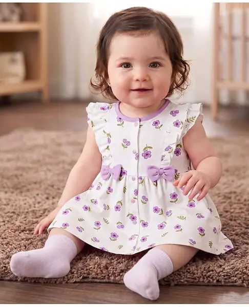 Babyoye Eco Conscious 100% Cotton With Eco Jiva Finish Half Sleeves Floral Printed Frock With Bloomer & Bow Applique - White