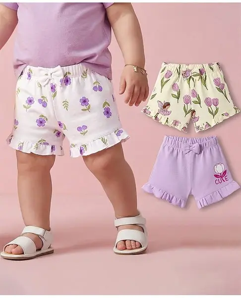 Babyoye Eco Conscious 100% Cotton Knit Knee Length With Eco Jiva Finish Floral Printed Shorts Pack of 3 - White Yellow & Purple