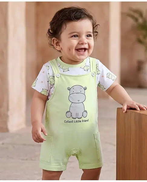 Babyoye 100% Cotton Knit Half Sleeves Hippo Printed Dungaree With Inner Tee - Light Green