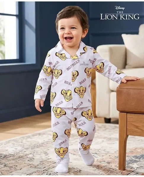 Babyoye Disney Single Jersey Knit Full Sleeves Co-ords Night Suit With Lion King Print - White